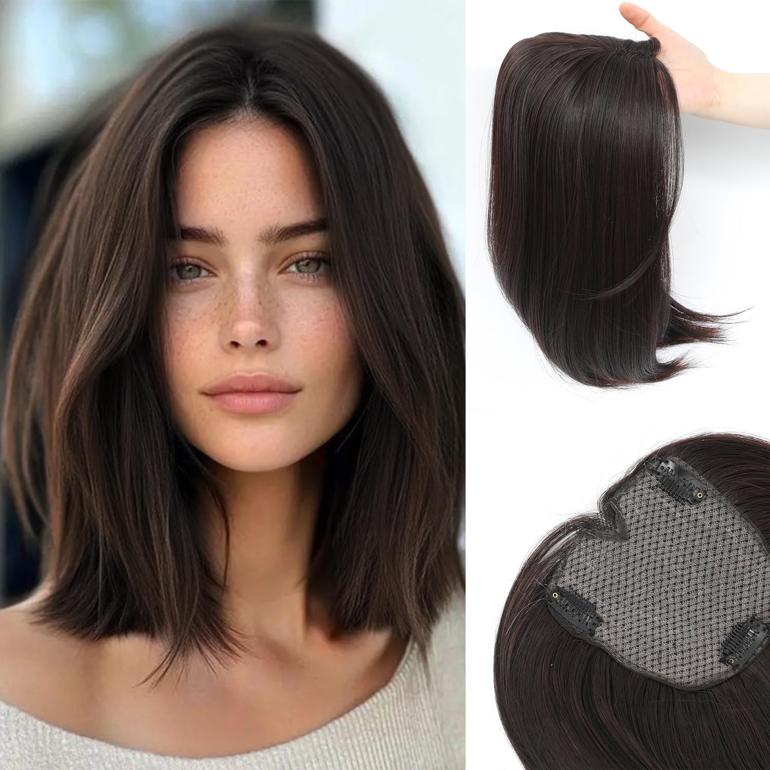Photo 1 of Mekylio Hair Toppers for Women clip in bangs Large Base Toppers for Women with Thinning Hair Clip Ins Fake Bangs Perfect Solution for Thinning-hair and Stylish Upgrade (Dark Brown)
