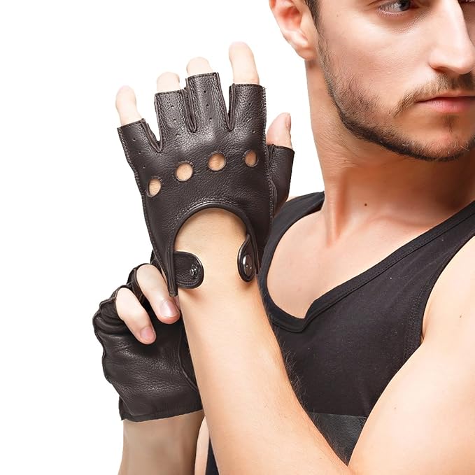 Nappaglo Herren Hirschleder Fingerlose Handschuhe Halbfinger Lederhandschuhe für fahren Motorrad Radfahren Ungefüttert Handsc