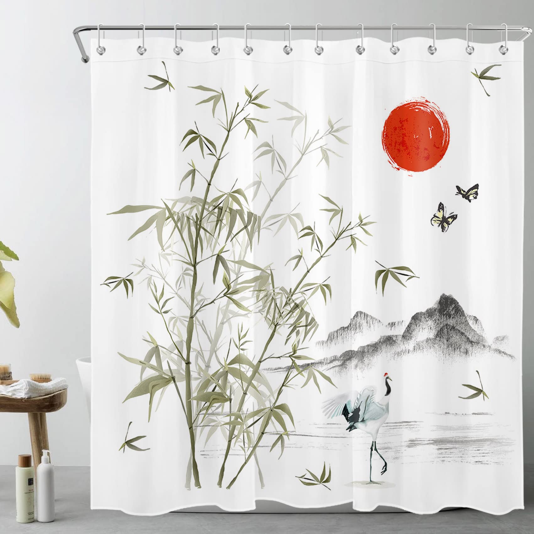 LB Japanese Landscape Shower Curtain Green Bamboo Forest Red Sun Grey Mountain Shower Curtains for Bathroom Washable Anti Mould Waterproof Polyester Bath Curtain Set with Hooks,71x71 inches — image 1