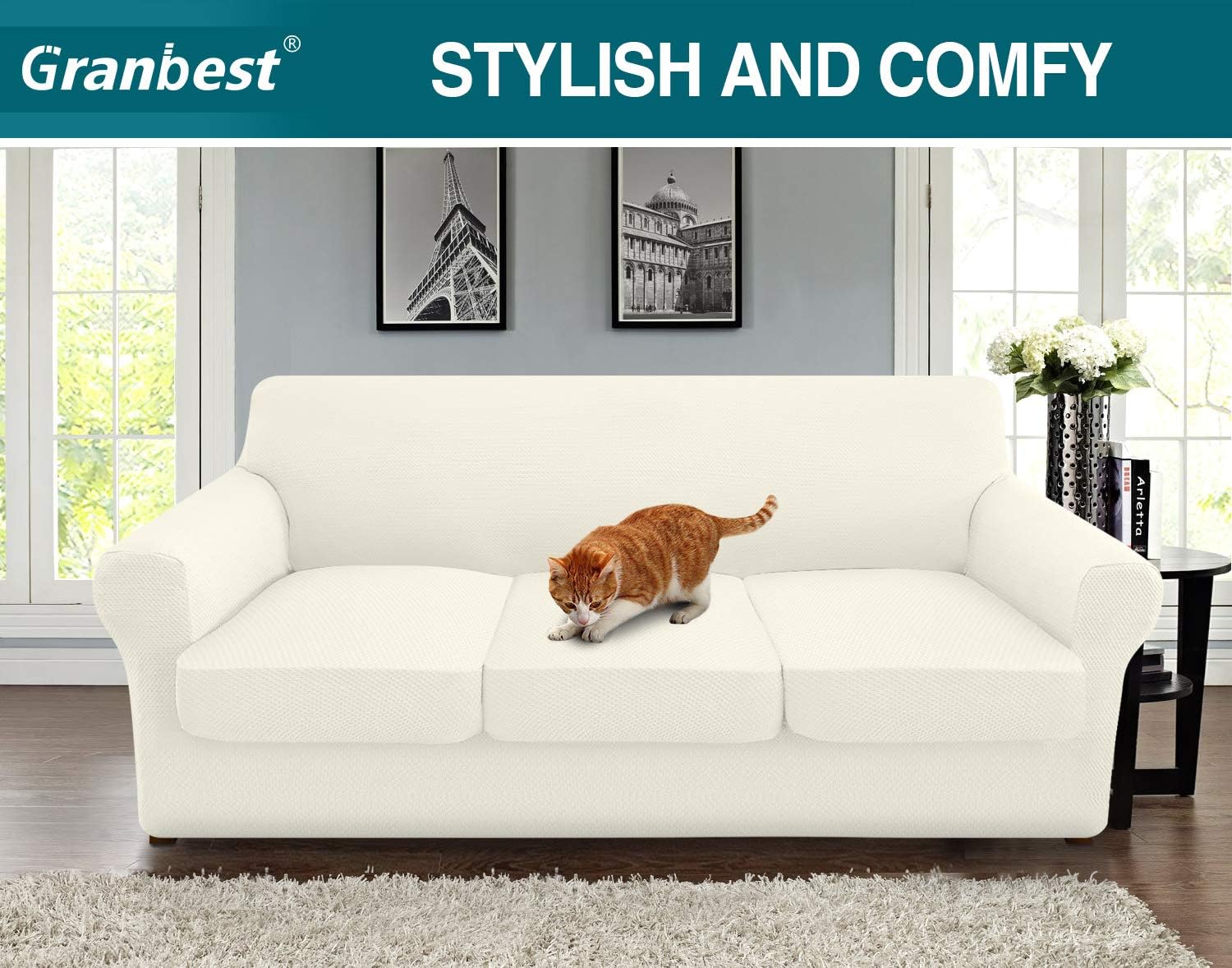 Granbest 4 Piece High Stretch Couch Covers for 3 Cushion Couch Thick Premium Sofa Slipcover Fitted Sofa Cover Furniture Protector for 3 Seat Sofas Dog Pet Proof Machine Washable (Large, Creamy White): Kitchen & Dining
