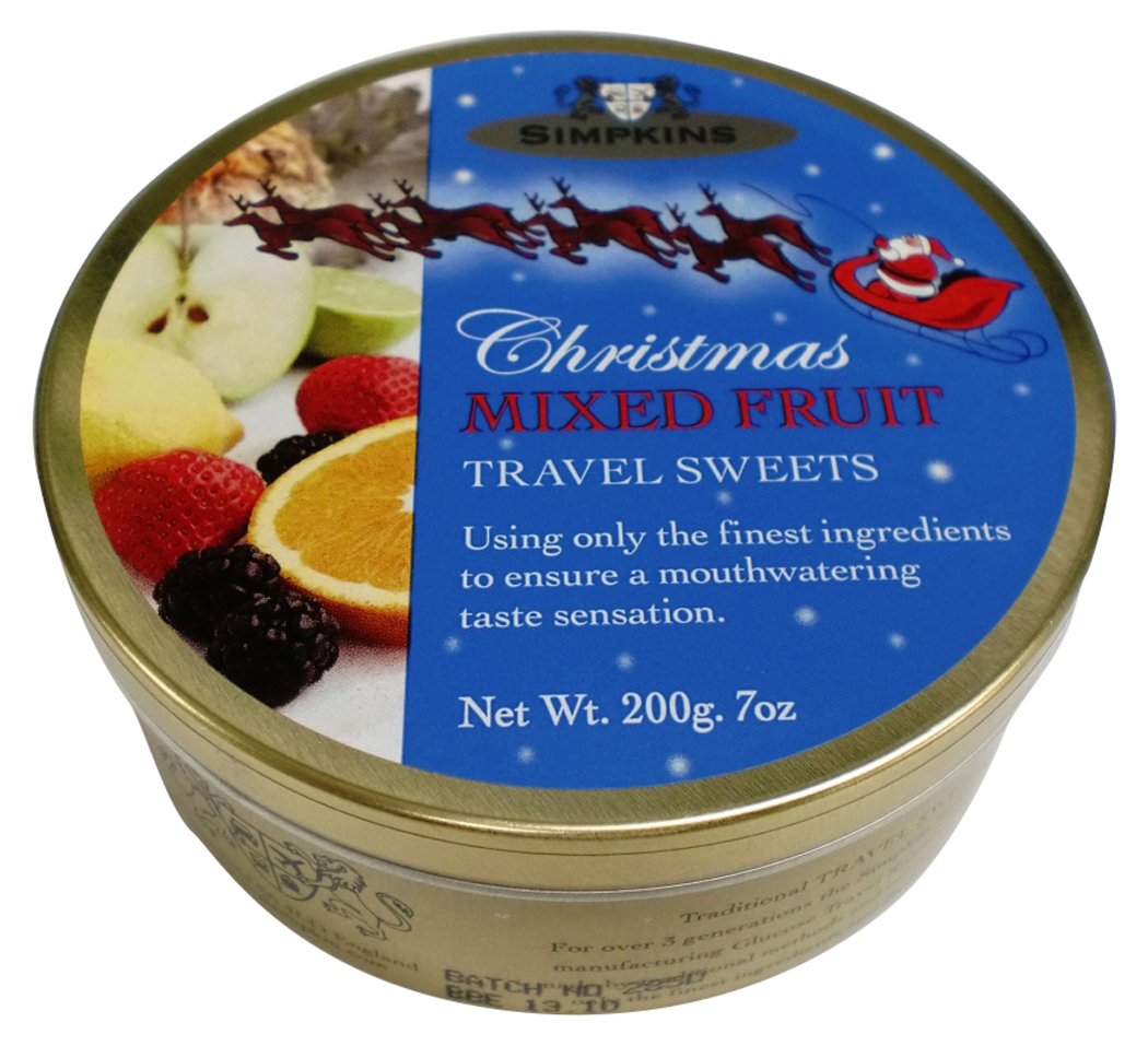 Simpkins Merry Christmas Travel Sweets Tin Mixed Fruit Drops 200g