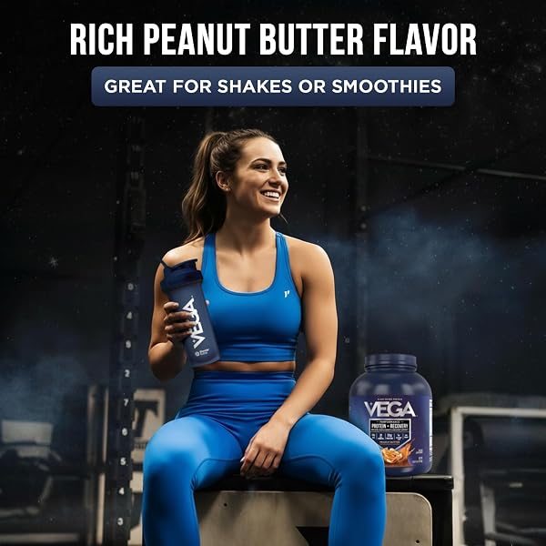 VEGA PROTEIN + RECOVERY, PEANUT BUTTER – 30G VEGAN PROTEIN, DAIRY & GLUTEN FREE, PROBIOTICS, NSF CERTIFIED, 67.2 OZ (45 SERVINGS)