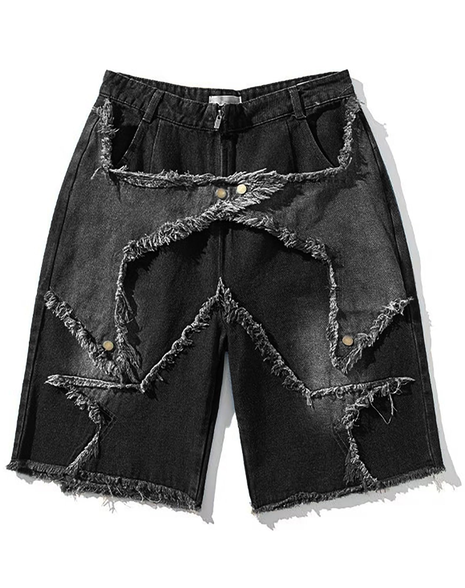 Photo 1 of ****zipper broken**** Sunidol Baggy Jorts Star Patch Y2K Grunge Distressed Denim Shorts Summer Casual Wide Leg Jeans Shorts Black L