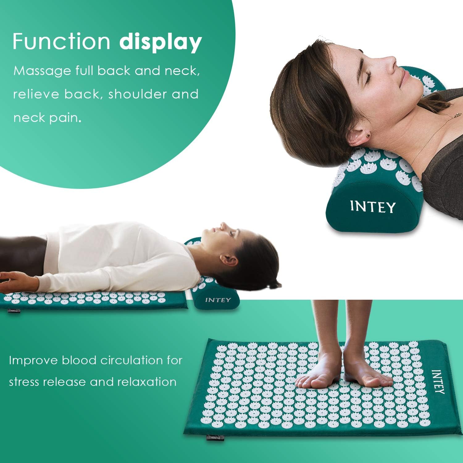 INTEY Wellness Therapy Acupressure Mat Set, Help Release Muscle Pain and Tension, Acupuncture Mat and Pillow Cushion for Back/Neck Massage with Carry Bag (Dark Green): Health & Personal Care