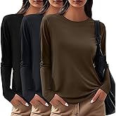 Sweetyweee 3 Pack Women's Cotton Long Sleeve Shirts, Crew Neck Casual Fitted Tops Rolled Hem Slim Layer Basic Tees Blouses