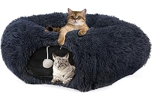 LIFEIDEAS Cat Tunnel Bed, Cute Donut Tunnel, Large Cat Circle Tunnel with Fluffy Toy Balls and Washable Pads, Foldable Fluffy Cat Tunnels for Indoor Cats