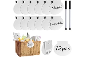GICARE 12 Pack Metal Basket Labels Clip On for Storage Bins, Basket Tags White Bin Labels Clip On, Chalkboard Labels, Pantry Labels, The Home Edit Labels, Reusable Labels for Fabric Container + Chalk Markers