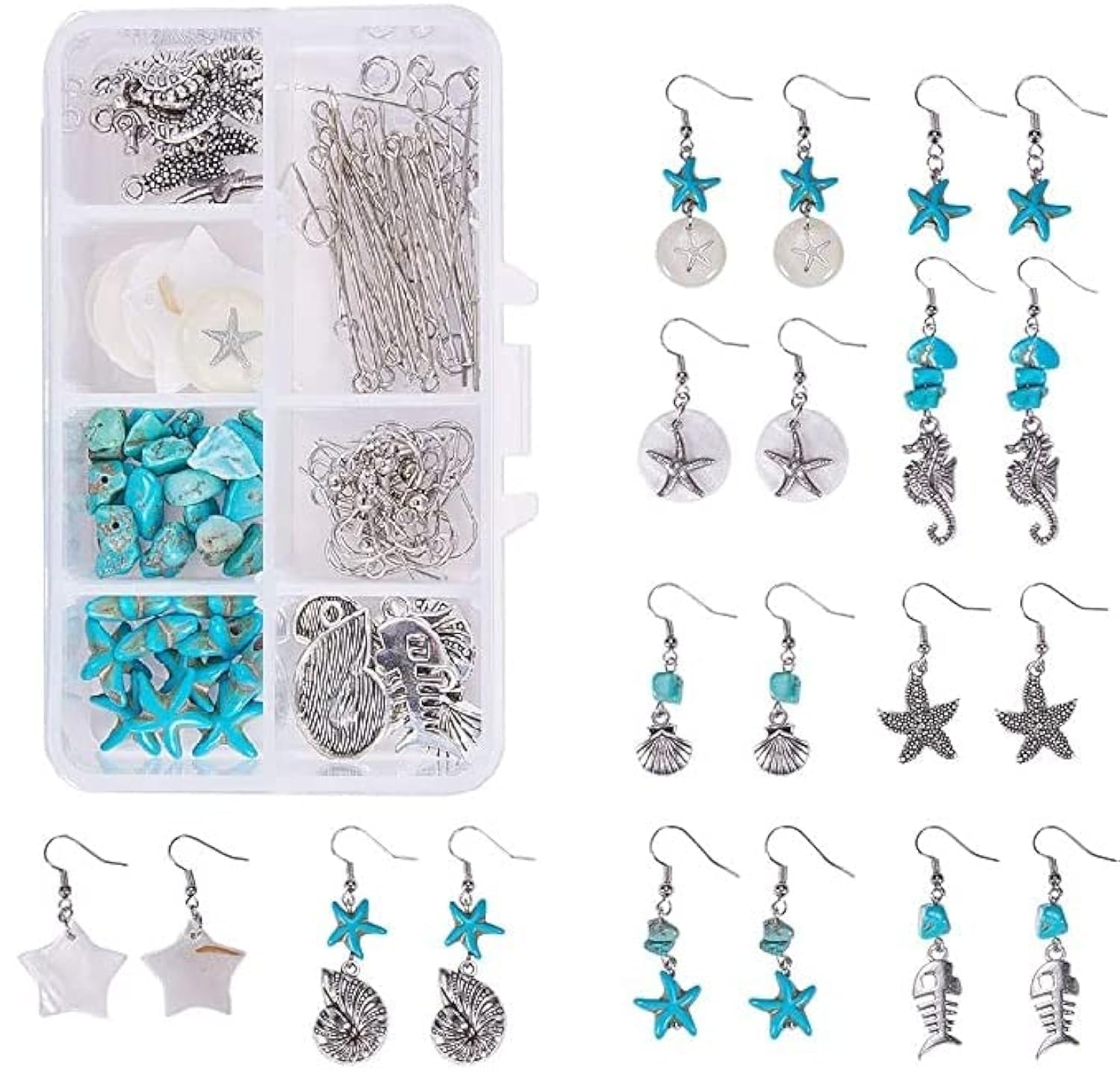 SUNNYCLUE 1 Box 128Pcs DIY Make 10 Pairs Starfish Shell Earring Making Kit Seahorse Fish Charms Ocean Theme Pendants Turquoise Beads Earring Findings for Women Adults Jewellery Making Crafts Christmas