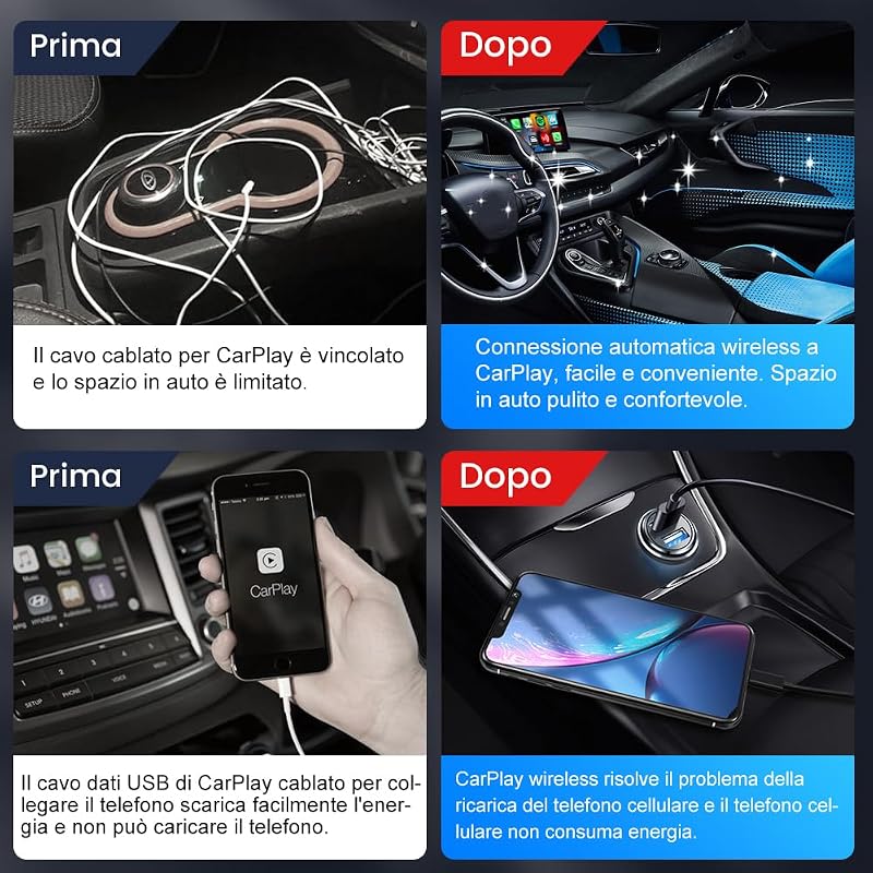 3.0 Wireless CarPlay Adattatore, senza fili AppleCarPlay Dongle iphone, Aggiornamento online, per auto con funzione CarPlay cablata di fabbrica, online messaggi/musica/mappe...