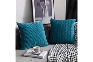 DEZENE Turquoise Throw Pillow Cases 18x18: 2 Pack Inch Original Striped Velvet Square Decorative Pillow Covers for Farmhouse Couch