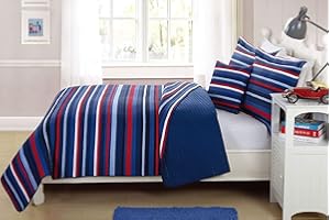 Elegant Home Decor Multicolor Light & Dark Blue Red White Striped Design Fun Colorful Quilt Bedspread Bedding Set with Decorative Pillow for Kids/Boys # Ocean (Twin)