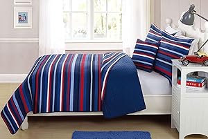 Elegant Home Decor Multicolor Light & Dark Blue Red White Striped Design Fun Colorful 3 Piece Quilt Bedspread Bedding Set with Decorative Pillow for Kids/Boys (Twin)