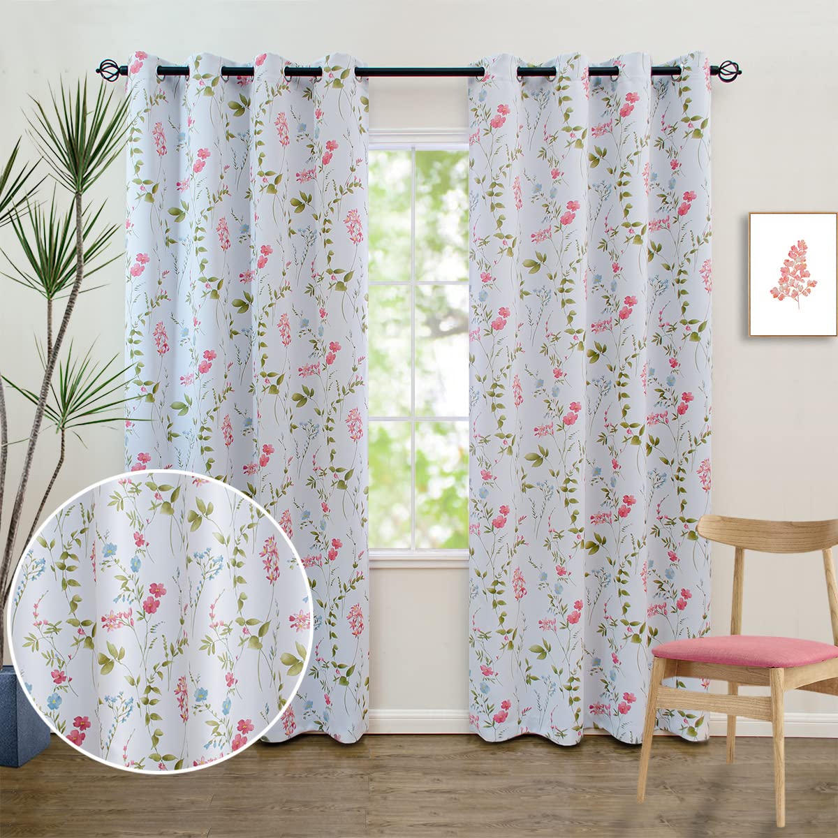Linentalks Floral Blackout Curtains 96 Inch Length 2 Panels Set, Farmhouse Thermal Insulated Living Room Curtains, Grommet Room Darkening Curtains for Bedroom, Boho Doorway Curtains Green Red Multi