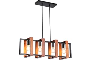 DOMANKI 4-Lights Island Lights for Kitchen, Dining Room Light Fixture, Wood Frame Pendant Ceiling Chandelier, Rustic Island Lighting