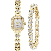 ADSBIAOYE Square Small Watches for Women Luxury Ladies Crystal Accented Bangle Watch and Bracelet Set Fashion Dress Quartz Watches for Women Gift