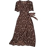 Floerns Women's Floral Wrap V Neck Beach Dress Short Sleeve Tie Side Vacation Long Dresses
