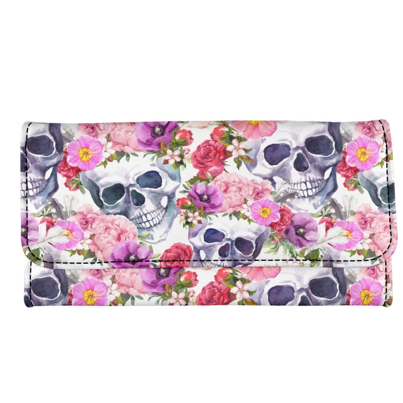 Howilath Fashion Skull Flower Long Wallet Shopping Clutch Purse PU Leather Purse for Ladies