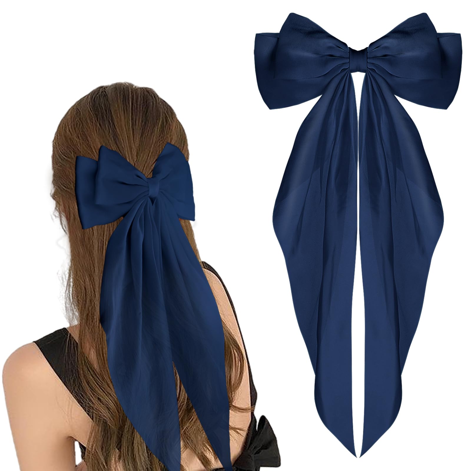 WLLHYF Big Bow Barrettes Long Tail French Ribbon Hair Pins Soft Silky Satin Hair Clip Metal Bowknot Clips 90's Accessories for Party Valentine's Day Women Girl (Navy blue)