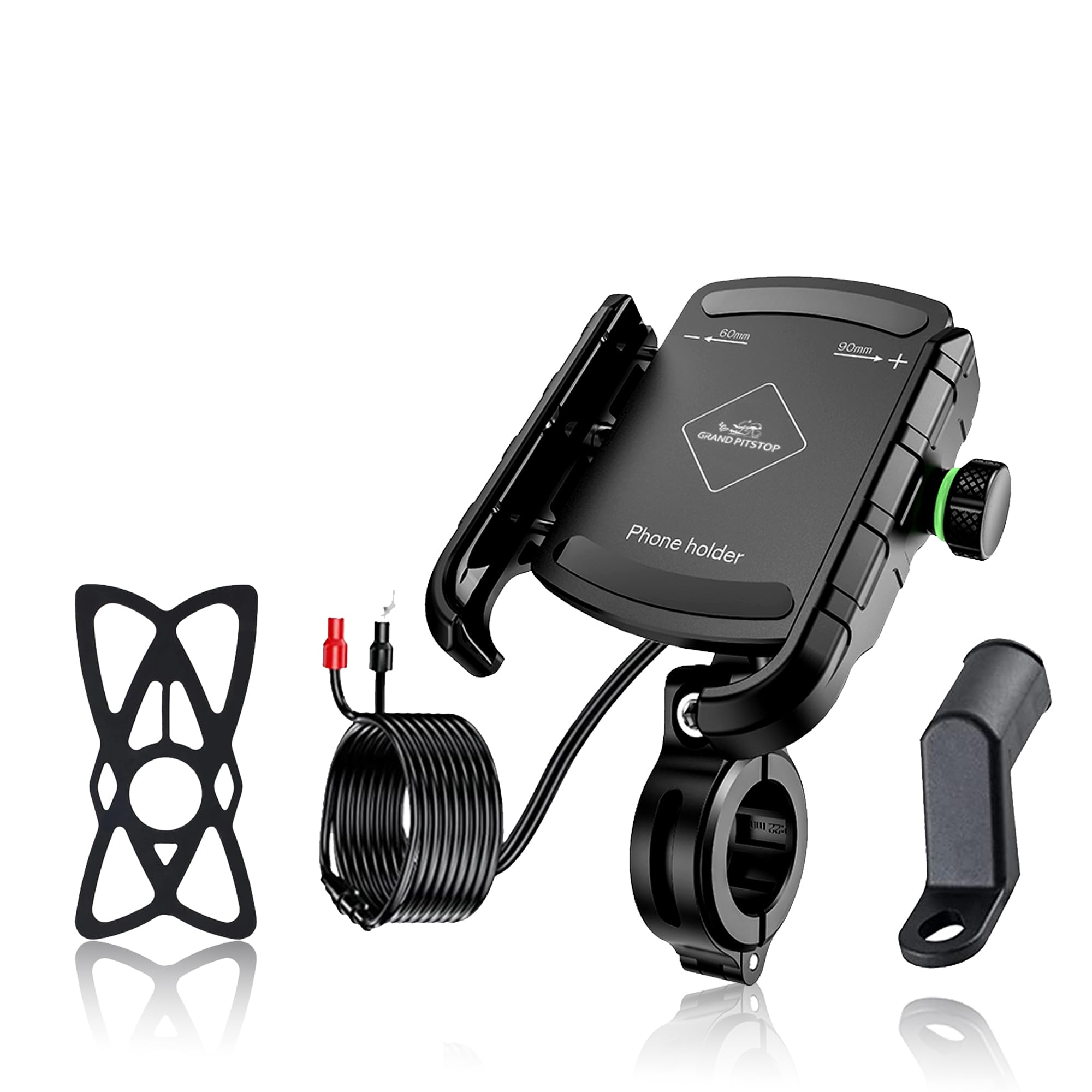 GRAND PITSTOP Motorcycle Phone Mount USB Charger Handlebar/Rear-View Mirror Cellphone Holder Aluminum with 17mm Ball Works with 12/24V Motorcycles Quick Charge for 4.0-6.8 Inch Smartphones (Black) — image 1