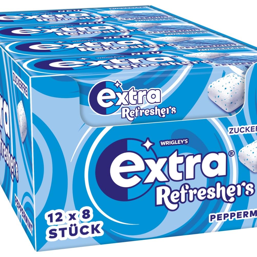 Extra Refreshers Kaugummi zuckerfrei, Peppermint Gum, 12 x 8 Dragees, Großpackung Chewing Gum, Xylitol Kaugummi ohne Zucker mit Minz Frische (96 Dragees)