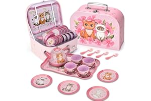 Lajeje Cat Tea Party Set for Little Girls - 19pcs Pretend Play Toy, Birthday Gift for Toddlers Ages 3 4 5 6 Year Old, Includes Kitten Tin Tea Set, and Carrying Case - Ideal Stocking Stuffers for Kids