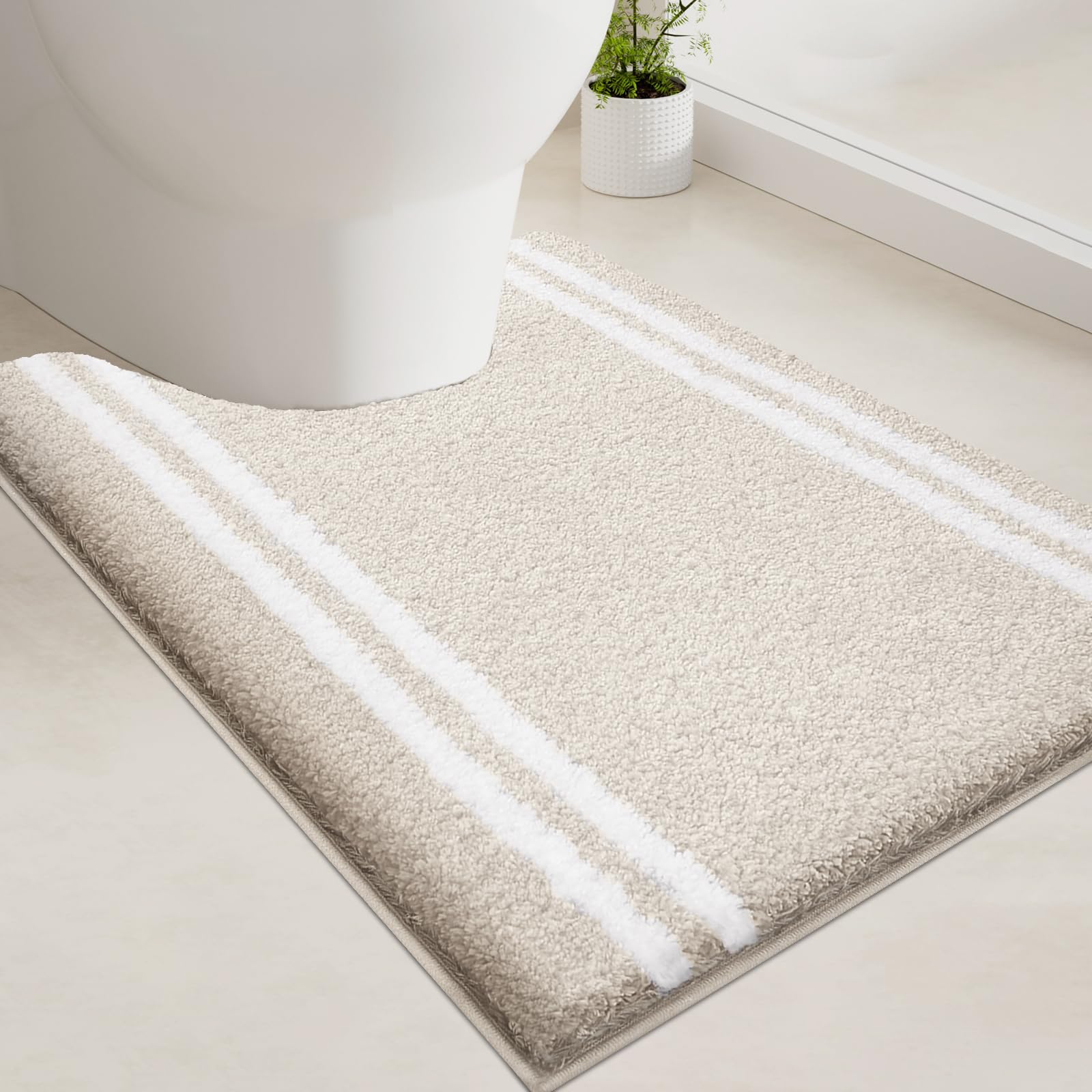 Photo 1 of PURRUGS Bathroom Rug Non-Slip Machine Washable 20" x 24" U-Shaped, Super Absorbent and Quick Dry Shaggy Microfiber Bath Mat, Extra Soft and Plush Contour Rug for Toilet Base, Beige