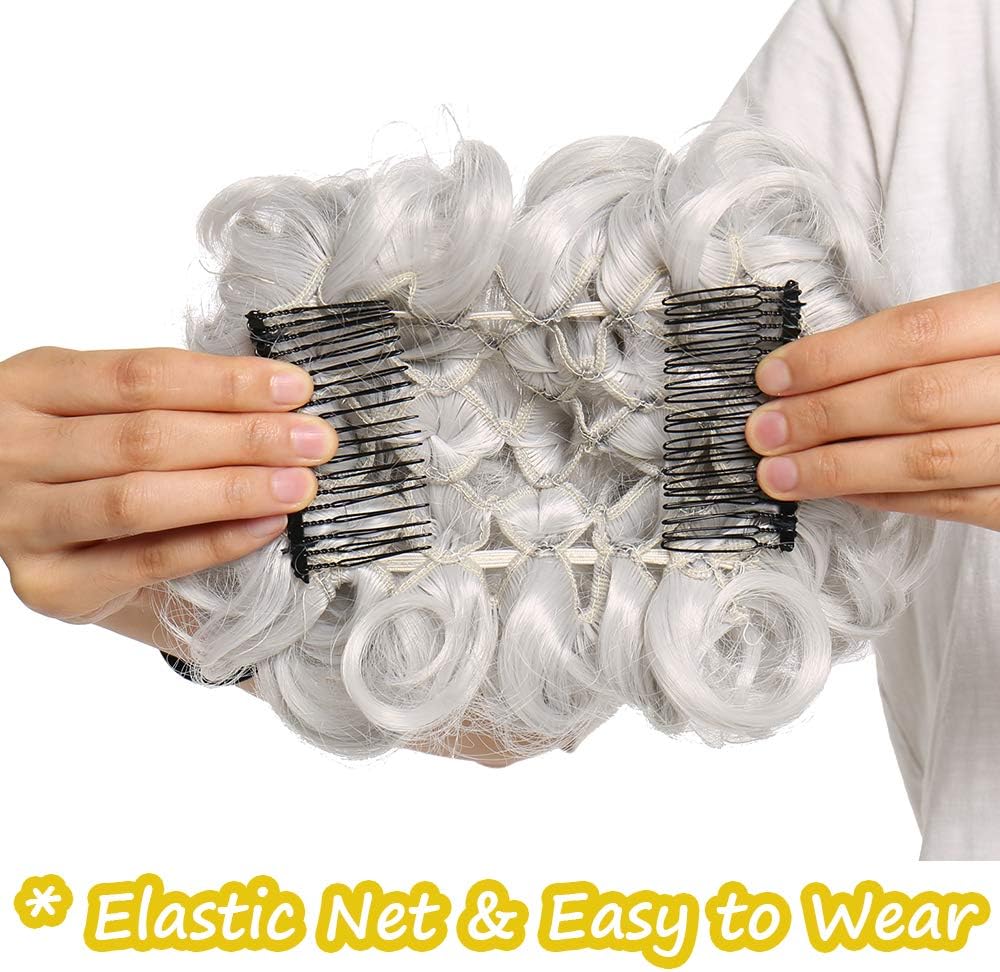 Silk-co Combs Hairpieces Hair Bun Scrunchy Scrunchie Updo Clip in Chignon Short Messy Curly Wavy Hair Extensions # Silver Grey - Image 4