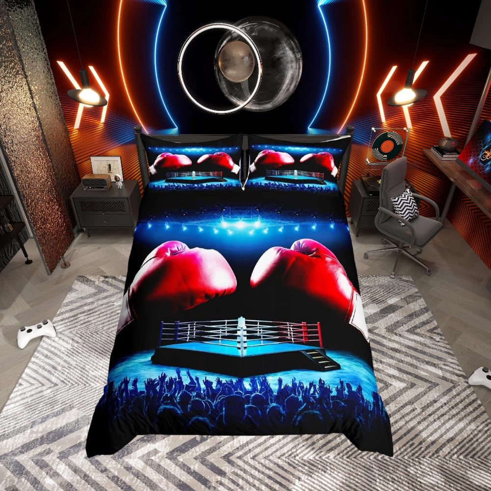 Loussiesd Boxing Gloves Pattern Bedding Set Sports Theme Comforter Cover for Kids Boys Girls Teens Boxing Match Duvet Cover Breathable Cool Red Blue Bedspread Cover Room Decor Quilt Cover Double Size — image 1