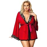 ohyeahlady Women Plus Size Sheer Mesh Robe Sexy Nightgown Bridal Lingerie Robe Set Lace Trim Long Sleeve Tulle Robe XS-4XL