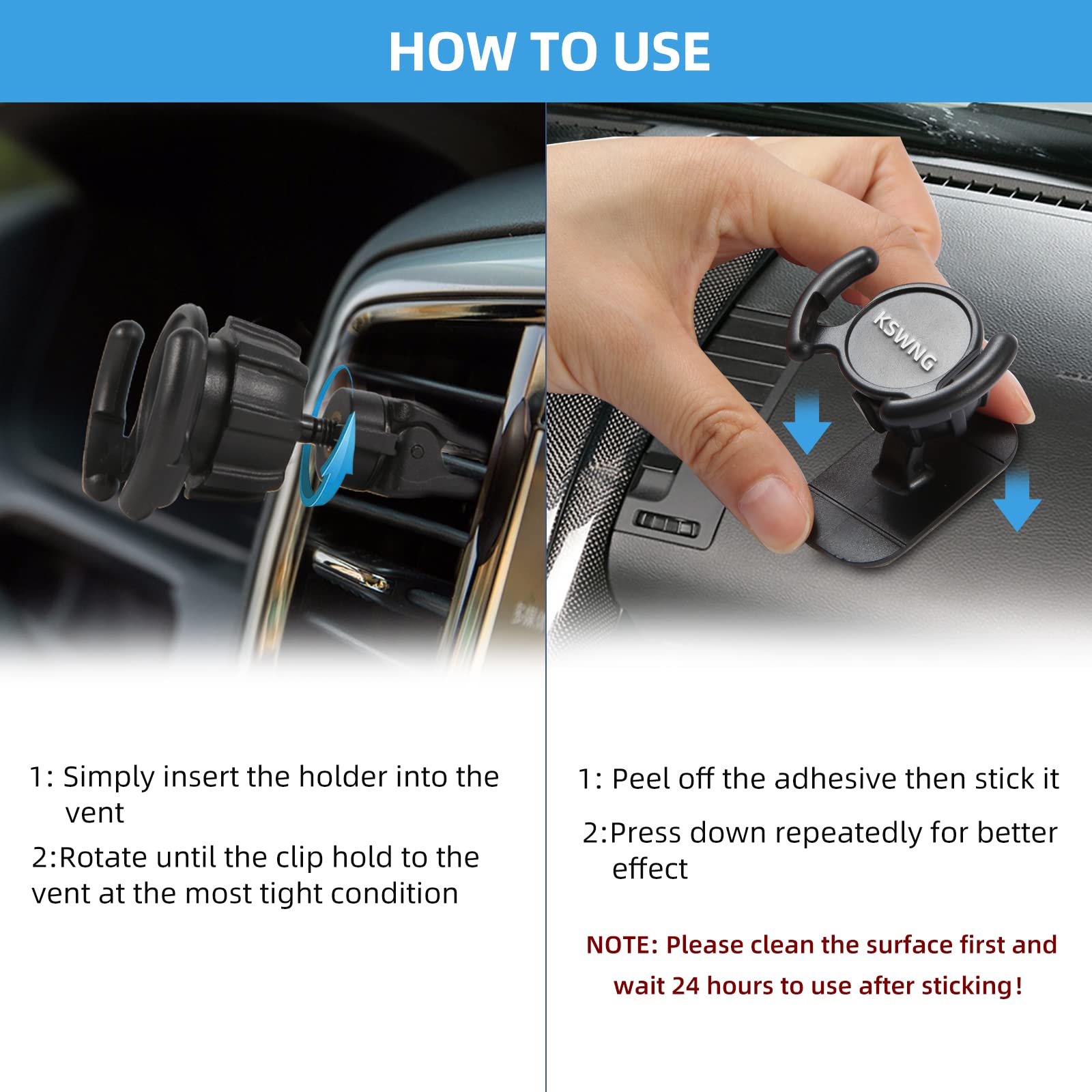 Universal Air Vent Car Mount and Dashboard Sticker Holder 360° Rotation Clip Car Mount Phone Holder with Adjustable Switch Lock for Smartphones GPS Navigation (2 pack, Black)