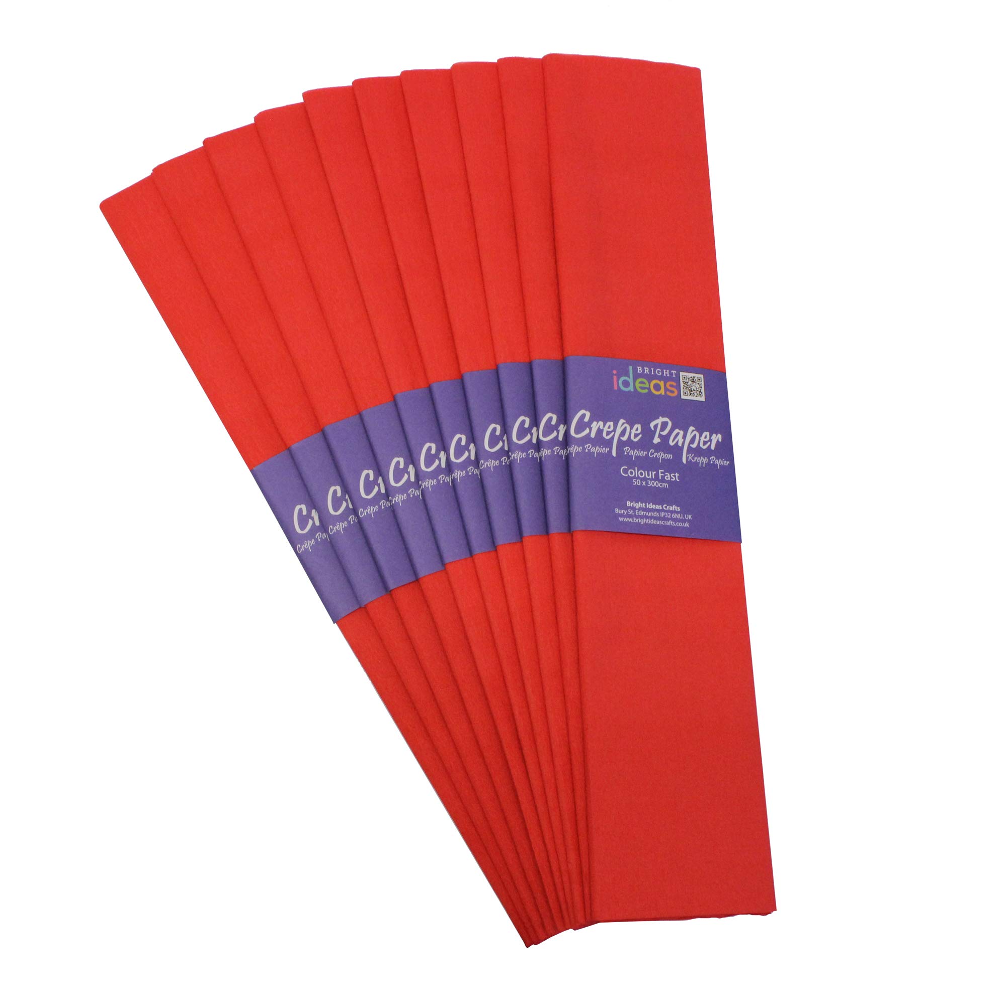 Bright Ideas Crepe Paper Sheets – Red. Sheet Size: 50cm x 3m, Pack of 10 Folds. 17gsm, 40% Stretch, Colourfast and Acid Free. Ideal for Flower Making, Gift Wrapping and Arts & Crafts.