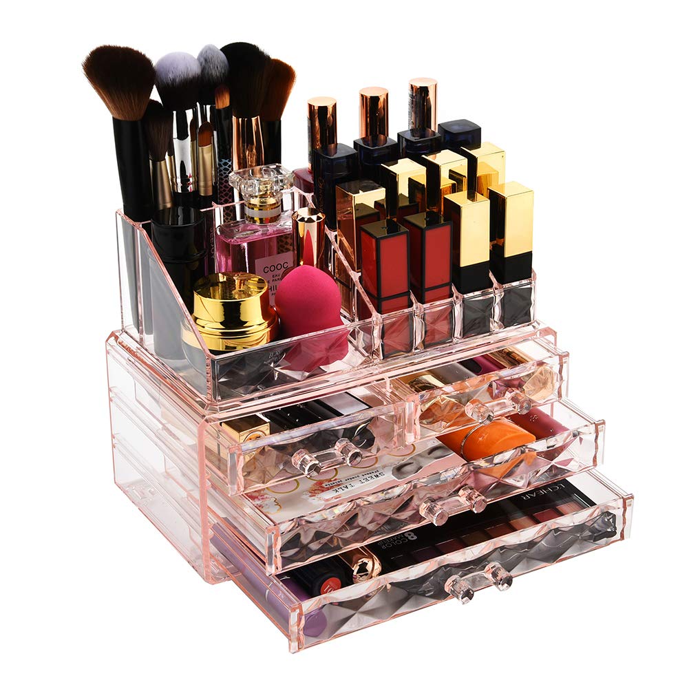 Jewelry and Cosmetic Boxes with Brush Holder - Pink Diamond Pattern Storage Display Cube Including 4 Drawers and 2 Pieces Set: Beauty