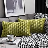 DEZENE 12x20 Moss Green Throw Pillow Cases: 2 Pack Original Striped Velvet Rectangular Decorative Pillow Covers for Farmhouse Couch