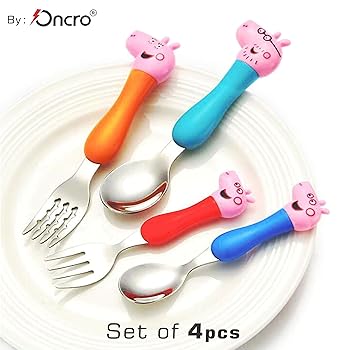 ONCRO 4pc Pink Peppa Pig Character Cartoon Stainless Steel Spoon & Fork for Kids - Baby Feeding Tableware for Children / Toddler