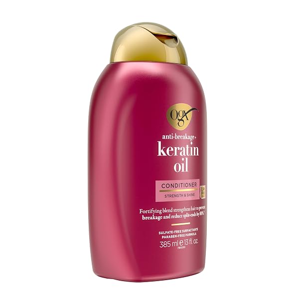 OGX ANTI-BREAKAGE + KERATIN OIL FORTIFYING ANTI-FRIZZ CONDITIONER FOR DAMAGED HAIR & SPLIT ENDS, WITH KERATIN PROTEINS & ARGAN OIL, PARABEN-FREE, SULFATE-FREE SURFACTANTS