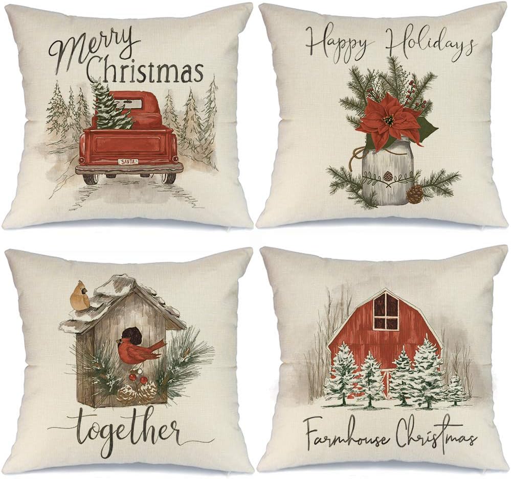 AENEY Christmas Pillow Covers 18x18 Set of 4, Red Barn Truck Bird Rustic Winter Holiday Throw Pillows Farmhouse Christmas Decor for Home, Xmas Decorations Cushion Cases for Couch A307-18
