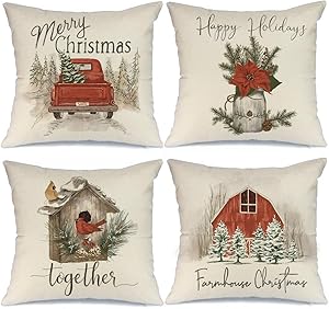 AENEY Christmas Pillow Covers 18x18 Set of 4, Red Barn Truck Bird Rustic Winter Holiday Throw Pillows Farmhouse Christmas Decor for Home, Xmas Decorations Cushion Cases for Couch A307-18