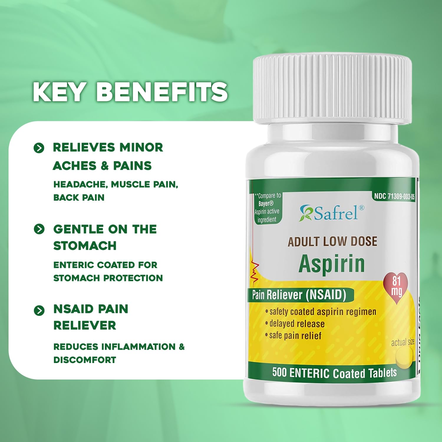 Safrel Generic Bayer Baby Aspirin 81 mg (500 Enteric Coated Tablets) | Adult Low Dose Strength Safe Pain Reliever (NSAID) for Minor Aches | Value Pack