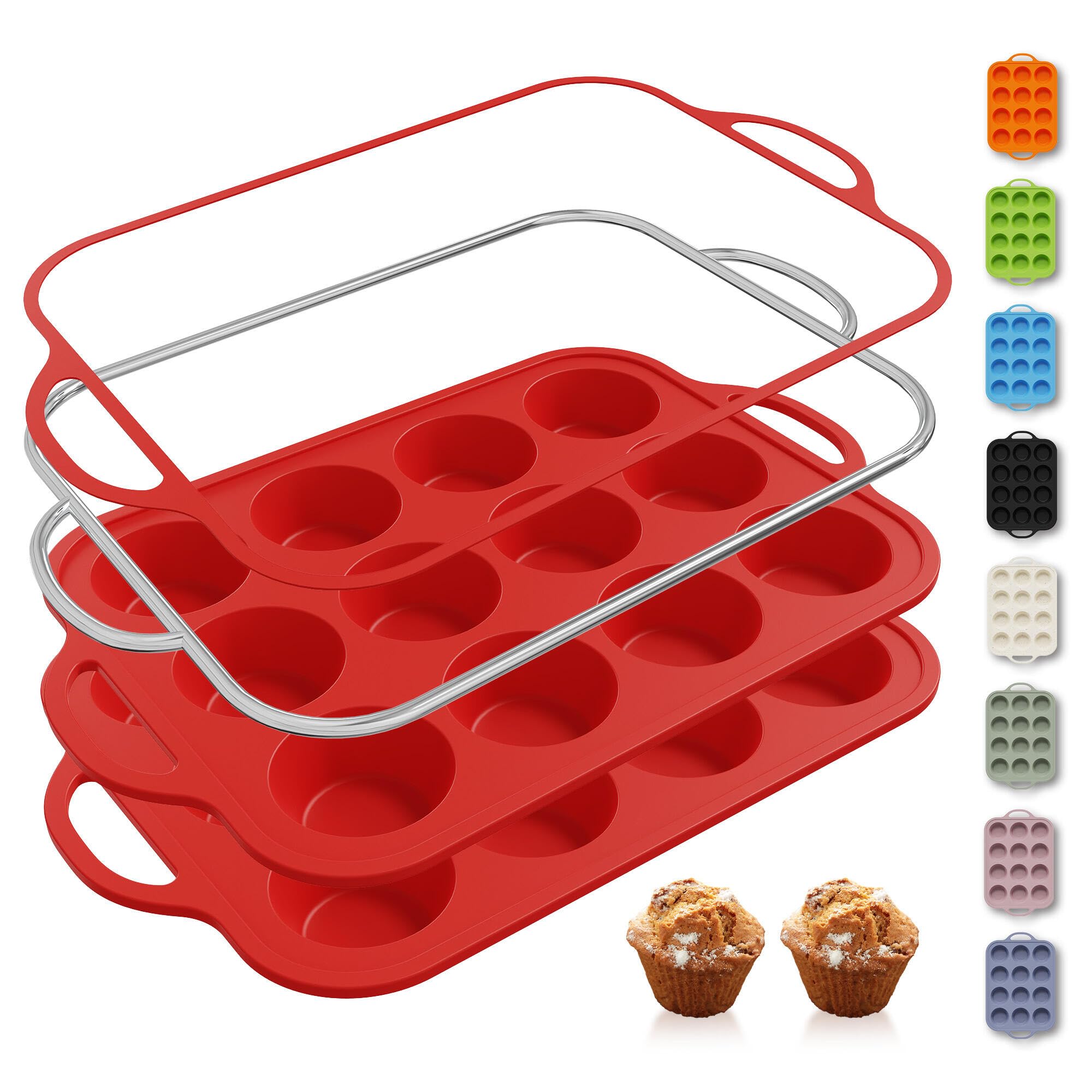 Photo 1 of 2 Packs 12 Cups Silicone Muffin Pan for Baking with Metal Reinforced Frame Regular Size Cupcake Pan Tray Egg Bites Silicone Cookie Molds Muffin Tin Tart Pans Sheet Set for Oven Dishwasher Safe