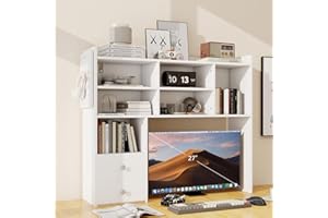 ELECWISH Desktop Bookshelf, Desk Shelf with 2 Drawers for Computer Desk, 36.22" 7-Tier Adjustable Desktop Hutch Organizer with Pegboard for Home Office, White