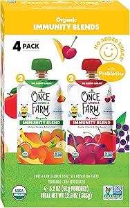 Once Upon a Farm Organic Immunity Blend Mango, Banana & Spirulina and Apple, Cherry & Elderberry Pouch Multipack, 4-3.2oz