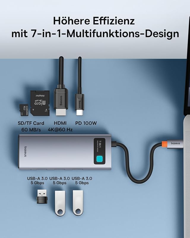 USB C Hub 7 in 1 Adapter mit 4K@60Hz HDMI, 100W PD, 3 A 3.0 5Gbps, SD/TF Kartenleser, Docking Station für iPhone 15, Laptop MacBook/Surface Pro/iPad/Steam Deck/Rog Ally/Samsung