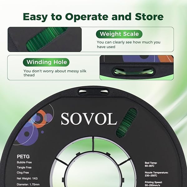 SOVOL 3D PRINTER PETG FILAMENT 1.75MM, GRADIENT MULTICOLORS FILAMENTS MATERIAL, 1KG (2.2LBS), DIMENSIONAL ACCURACY +/- 0.03 MM, FIT MOST FDM PRINTER, GREEN