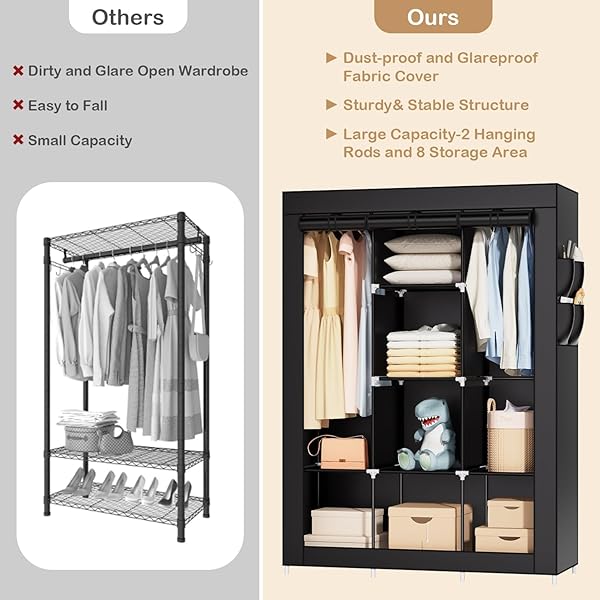 PORTABLE CLOSET FOR HANGING CLOTHES – 66.7-INCH LARGE CAPACITY CLOTHES RACK WITH HOOD, 8 STORAGE SHELVES, 2 HANGING ROD AND 3 SIDE POCKETS,NON-WOVEN FABRIC FREESTANDING CLOSET FOR BEDROOM, BLACK