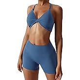 ABOCIW Workout Sets for Women 2 Piece Twist Front Halter Sports Bras High Waist Biker Shorts Exercise Gym Yoga Outfit