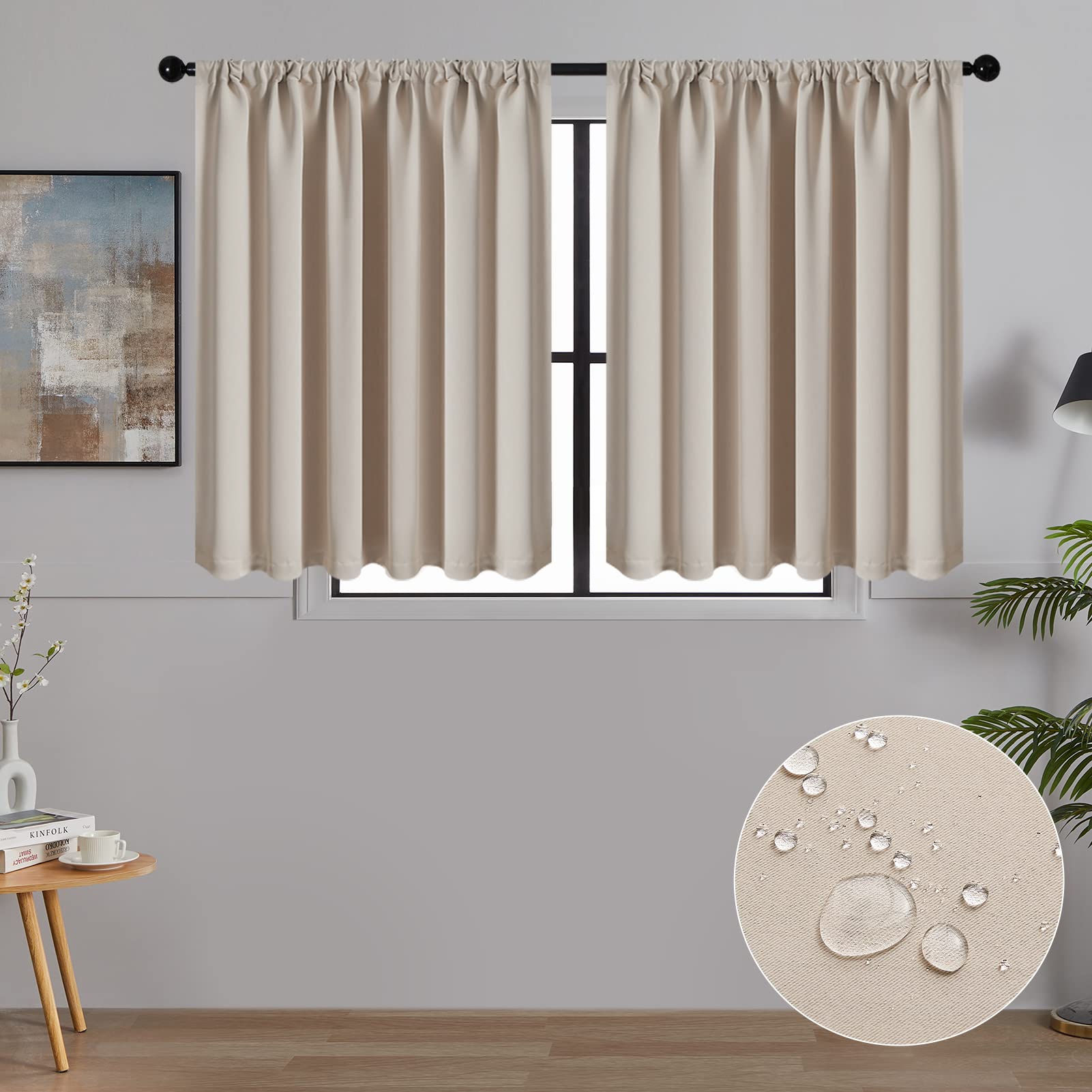 Mrtrees Set of 2 Short Blackout Curtains, Opaque Kitchen Curtains, Panels, Decorative, for Living Room, Bedroom, 60 x 120 cm (H x W), Beige