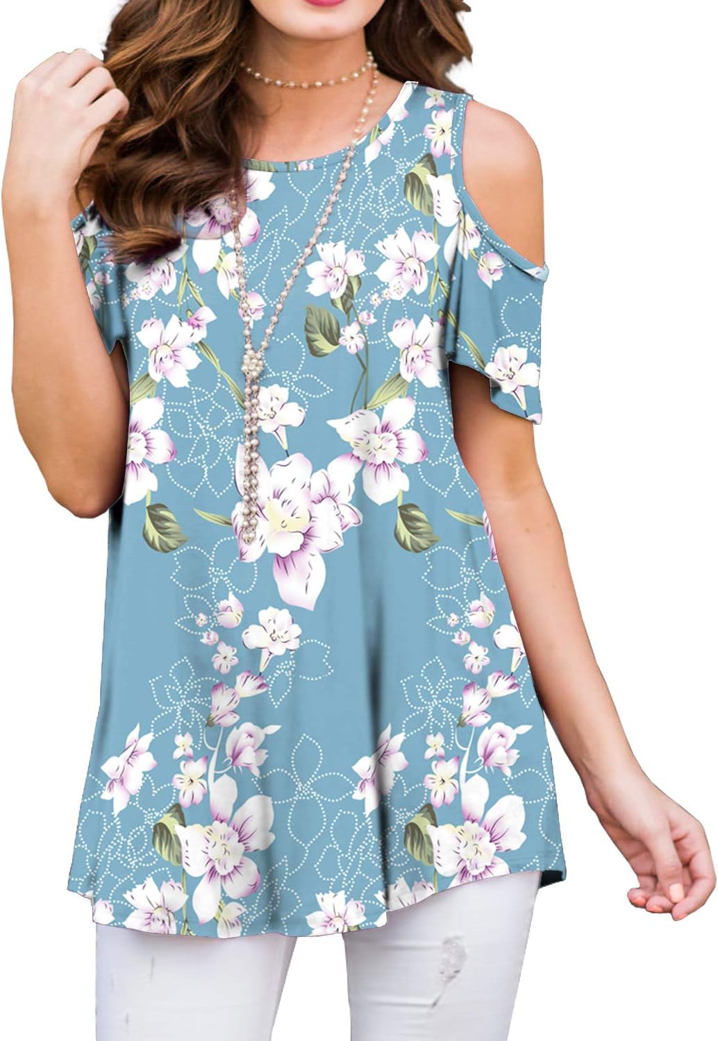 PrinStory Women's Blouse Tunic Tops Short/Long Sleeve Cold Off Shoulder Round Neck Casual Loose Shirts