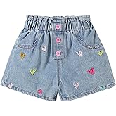 GORGLITTER Girl's Cutet Jean Shorts Heart Print Elastic High Waisted Summer Beach Vacation Denim Shorts 2025