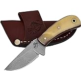 Knives Ranch 5.5 inches Damascus Steel Ranch Knife - Full Tang Fixed Blade - Horizontal Scout Carry Leather Sheath - Handmade Outdoor Hunting Camping Utility Knife