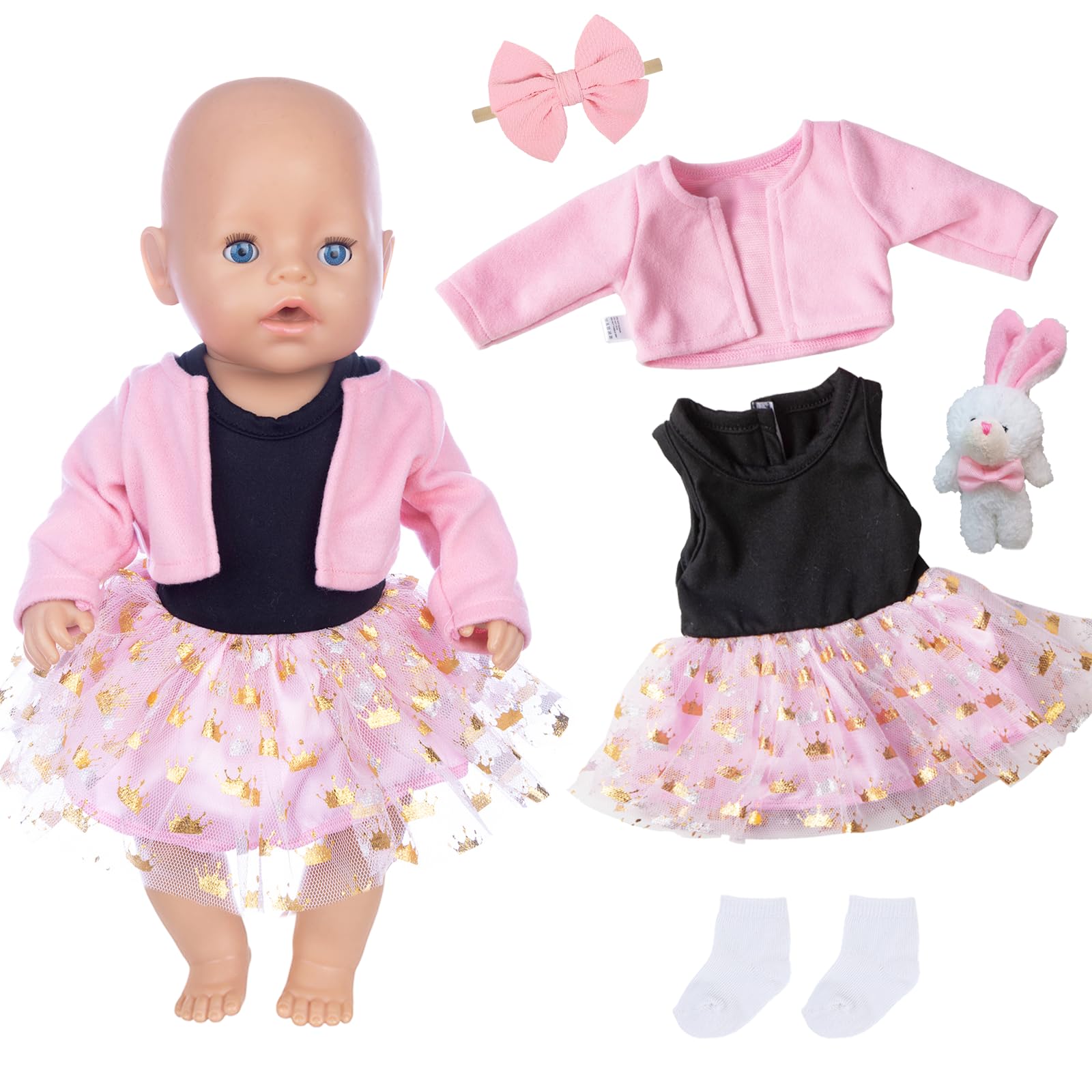 5 Sweet Baby Doll Clothes for 14-18 inch Baby Dolls, Pink Doll Outfits Tulle Skirt Sets with Tulle Dress Pink Jacket bow Rabbit Doll Socks Compatible with Born Baby Doll and Annabelle Dolls